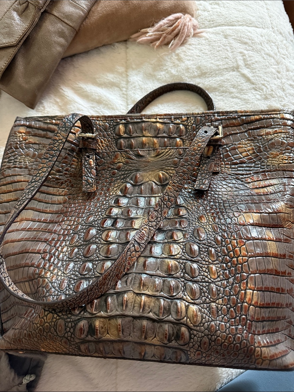 Brahmin Medium Asher Tote Pecan Melbourne Croc Embossed Leather Shoulder Bag - Picture 7 of 16